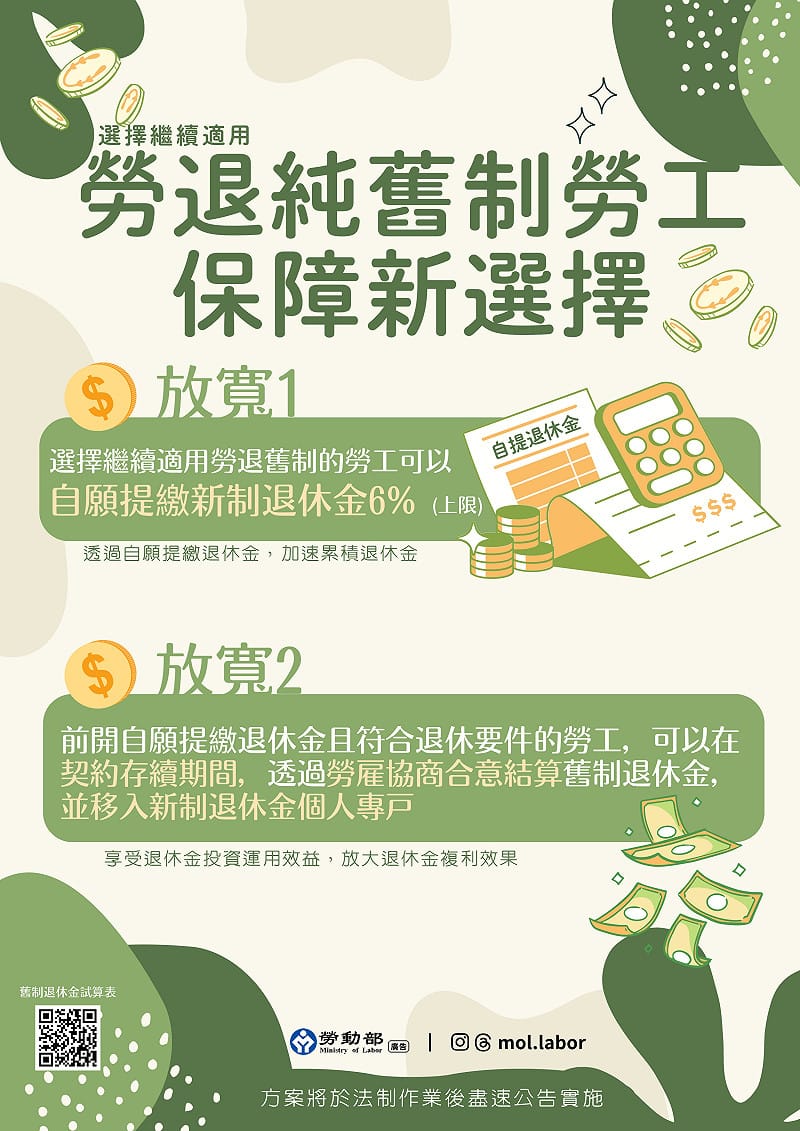 「勞退純舊制勞工自願提繳及提前結存退休金」方案放寬兩大措施。 圖:勞動部 提供 「勞退純舊制勞工自願提繳及提前結存退休金」方案放寬兩大措施。 圖:勞動部 提供