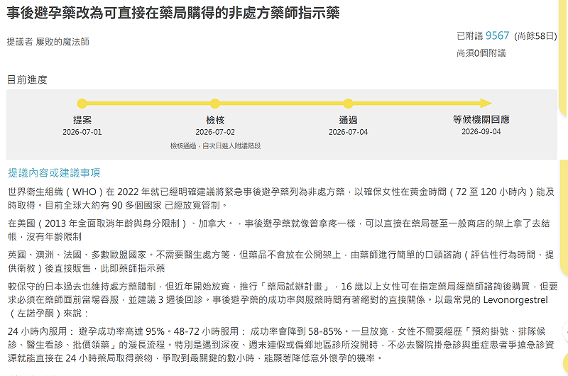 有網友於「公共政策網路參與平台」發起連署，要求放寬事後避孕藥管制。&nbsp;&nbsp;&nbsp;圖：翻攝自「公共政策網路參與平台」