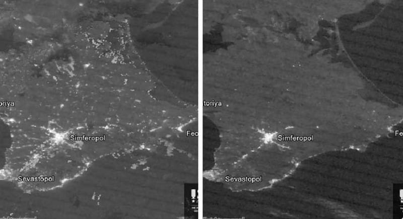 克里米亞的衛星比對圖顯示，遭到烏軍攻擊發電站，許多地方黑了一片，明顯沒電了。&nbsp;&nbsp;&nbsp;圖 : 翻攝自 X