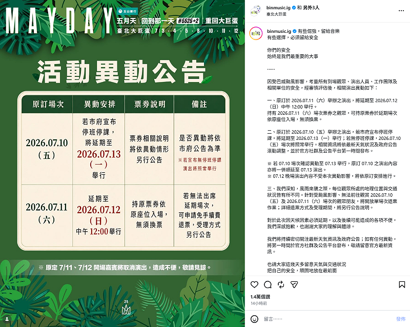 巴威颱風來勢洶洶，中央氣象署預估，9日深夜至10日白天恐發布陸上颱風警報。而預計在11日於大巨蛋舉辦演唱會的五月天，為考慮觀眾及工作人員安全，昨(8)日深夜緊急宣布演唱會延期至7月12日。&nbsp;&nbsp;&nbsp;圖：翻攝自五月天IG