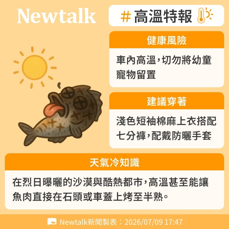 在烈日曝曬的沙漠與酷熱都市，高溫甚至能讓魚肉直接在石頭或車蓋上烤至半熟。 圖：Newtalk製表&nbsp;&nbsp;&nbsp;