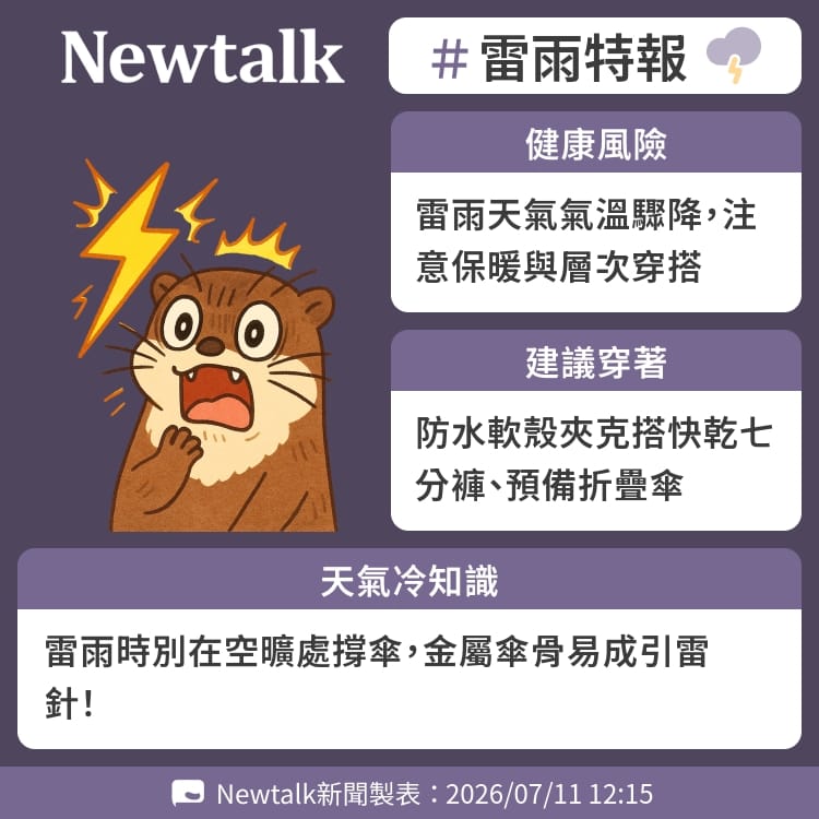雷雨時別在空曠處撐傘，金屬傘骨易成引雷針！ 圖：Newtalk製表&nbsp;&nbsp;&nbsp;