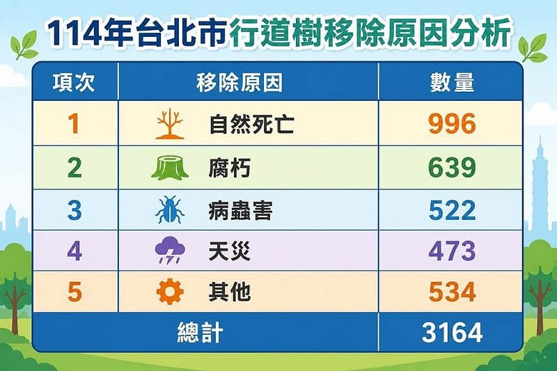 去年移除的 3164 棵樹木中，有 2630 棵樹、超過 8 成比例是因為自然死亡、腐朽、病蟲害、天災等自然因素使然。&nbsp;&nbsp;&nbsp;圖：台北市公園處提供