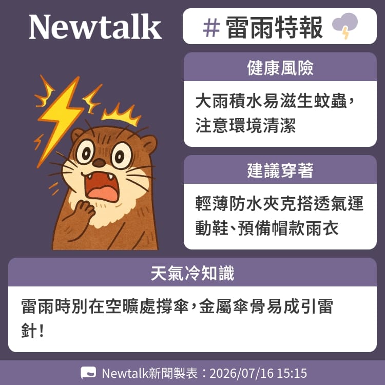 雷雨時別在空曠處撐傘，金屬傘骨易成引雷針！ 圖：Newtalk製表&nbsp;&nbsp;&nbsp;