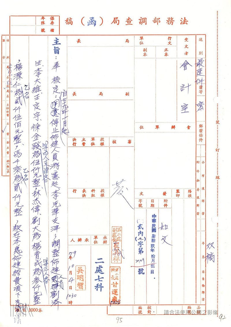 「（法務部調查局）79年佈建綜合卷案」出現王定宇部分&nbsp;&nbsp;&nbsp;圖：檔案局「（法務部調查局）79年佈建綜合卷案」