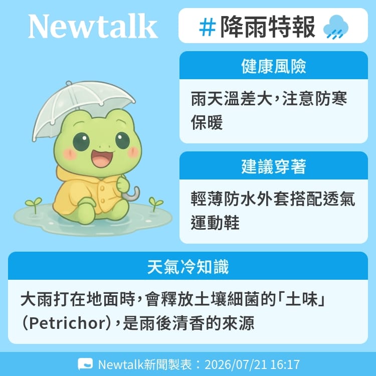 大雨打在地面時，會釋放土壤細菌的「土味」（Petrichor），是雨後清香的來源 圖：Newtalk製表&nbsp;&nbsp;&nbsp;