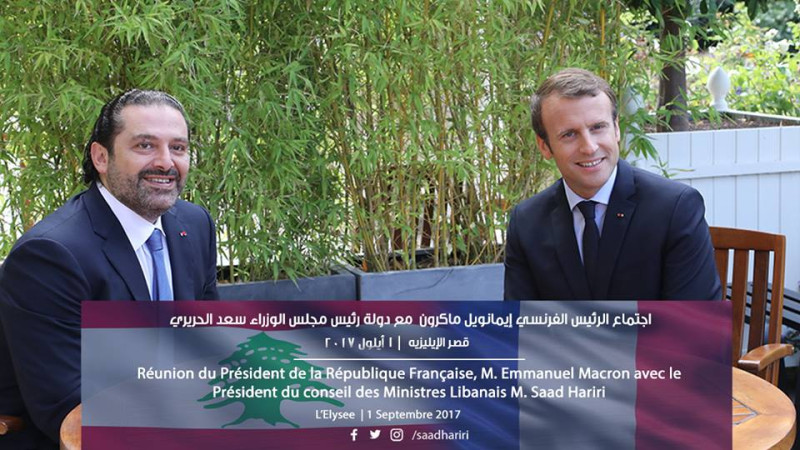 黎巴嫩總理哈里里（左）與法國總統馬克宏在今年9月就曾會面，兩人相談甚歡。   圖：翻攝哈里里臉書
