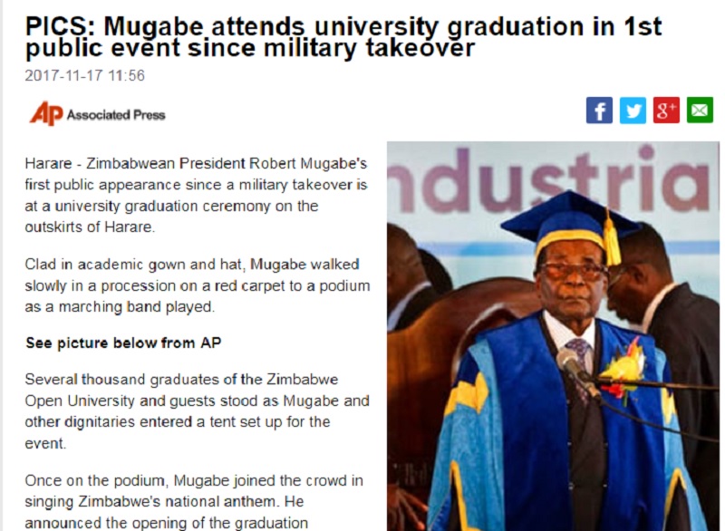 被軍方軟禁的辛巴威總統穆加比今（17）日在政變後首次露面，身穿藍色與黃色學院禮服，以貴賓身分參加大學畢業典禮。   圖：翻攝news24網站