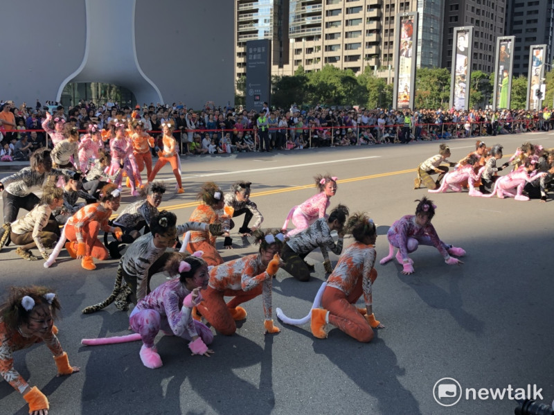 2017國際踩舞祭，台北市華岡藝校的《貓嬉花間、繽紛台灣》逗趣可愛。   圖：王鵬宇/攝
