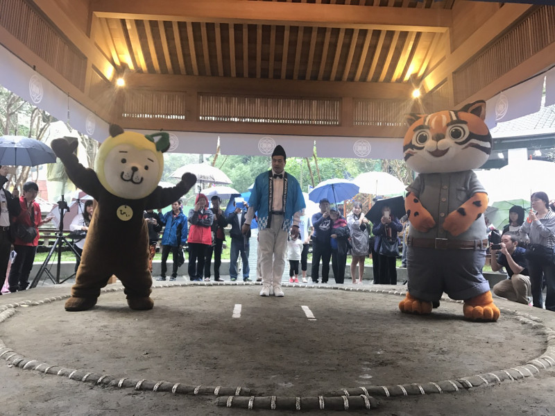 相撲賽中，花博石虎家族的一家之主「虎爸」親自上陣對上日本吉祥物「宮崎犬」但不幸落敗。   圖：台中市政府/提供