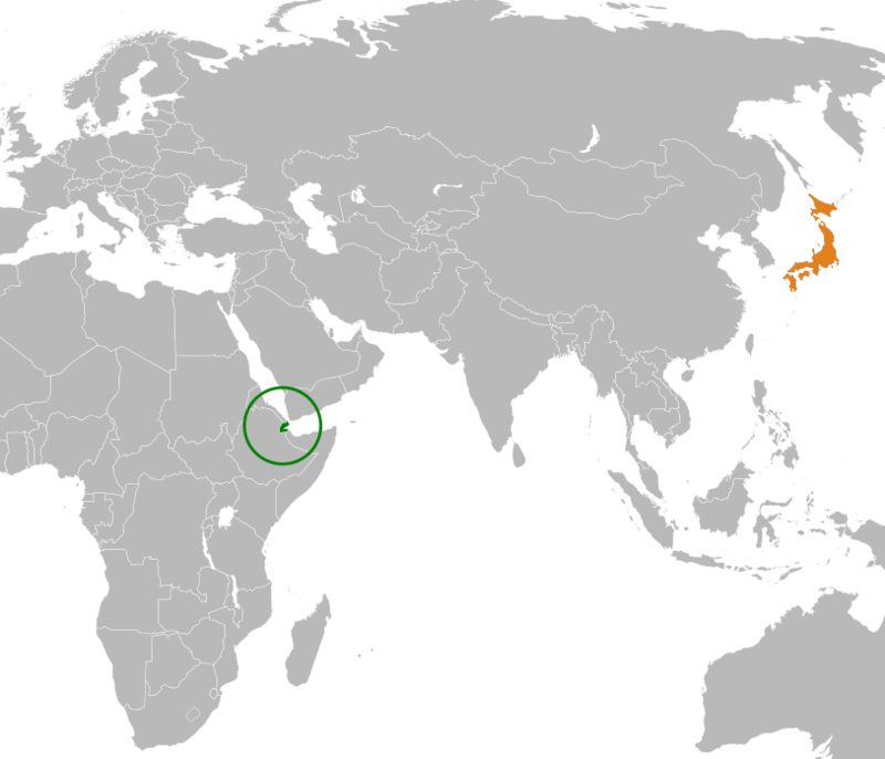 遠在非洲的吉布地（綠色標誌），是日本（橘色標誌）在第二次世界大戰結束後，第一個海外長期駐軍基地。   圖：翻攝維基網站
