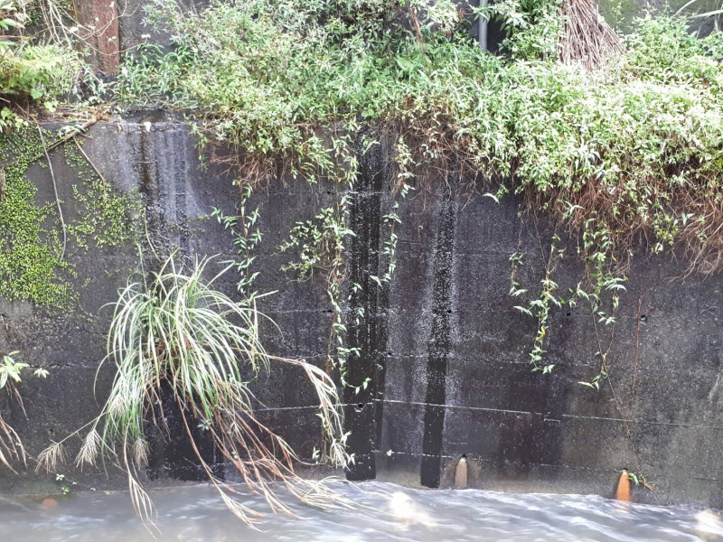 基隆市大武崙溪的擋土牆中，埋有不明暗管，已證實其為油污染來源。   圖 : 基隆市環保局/提供