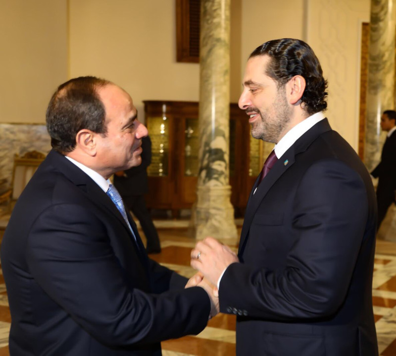 黎巴嫩總理哈里里（右）稍早前往開羅，會晤埃及總統塞西，就中東情勢討論。   圖：翻攝哈里里推特