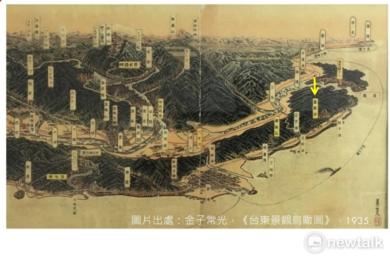 1935台東廳發行的「台東景觀鳥瞰圖」，靈山洞更名為靈巖洞。   圖：翻拍台東景觀鳥瞰圖