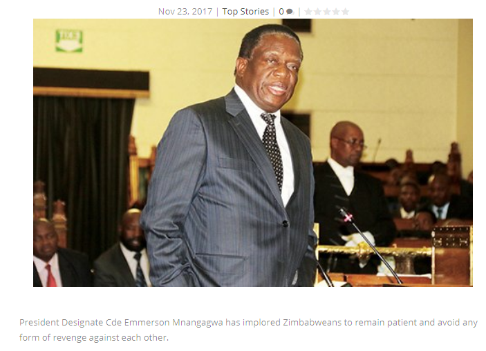 辛巴威媒體報導，候任總統姆南加瓦向民眾喊話，要和平不要報復。   圖：翻攝zbc新聞網