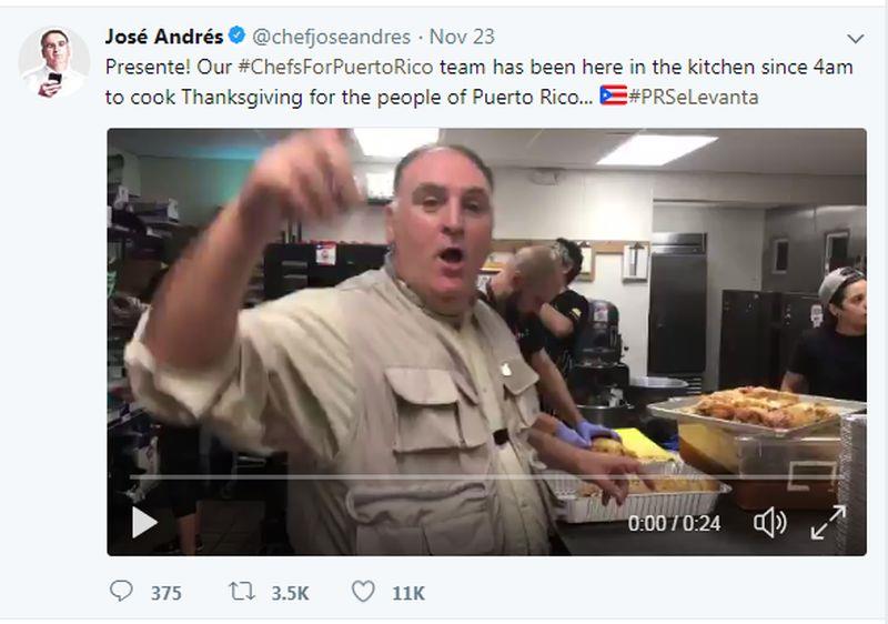 米其林名廚安德瑞斯22日在推特上分享他和工作人員準備感恩節餐點給波多黎各災民的影片。   圖 : 取自安德瑞斯推特twitter.com
