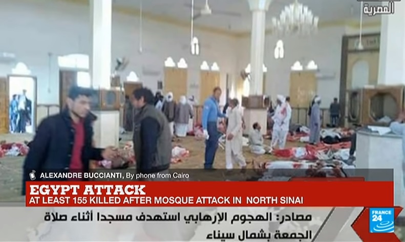 武裝攻擊者24日在北西奈省襲擊一座清真寺，多人死傷。   圖：翻攝FRANCE 24