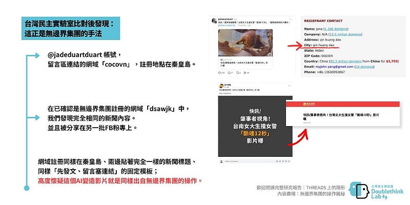 台灣民主實驗室追查發現，AI變造影片源自中國內容農場，並由十餘個境外臉書粉專同步轉發擴散。&nbsp;&nbsp;&nbsp;圖：翻攝自台灣民主實驗室　臉書專頁