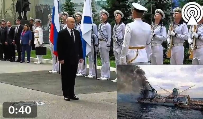 俄羅斯總統普丁出席聖彼得堡海軍節，圖下方為俄軍被擊沉的軍艦。&nbsp;&nbsp;&nbsp;圖 : 影片截圖