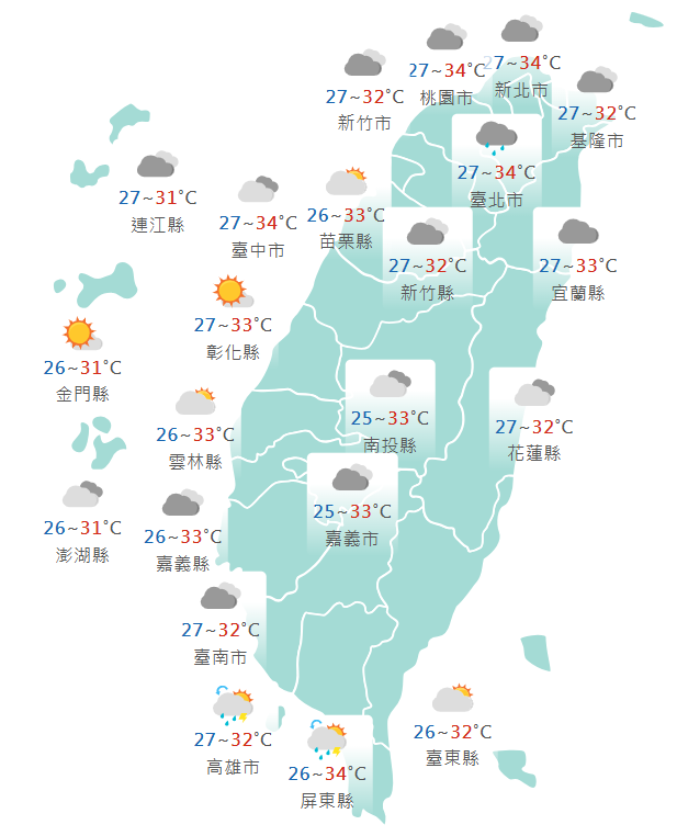 氣象署公布各地天氣預報概況。&nbsp;&nbsp;&nbsp;圖：氣象署提供