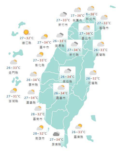 氣象署公布各地天氣預報概況。&nbsp;&nbsp;&nbsp;圖：氣象署提供