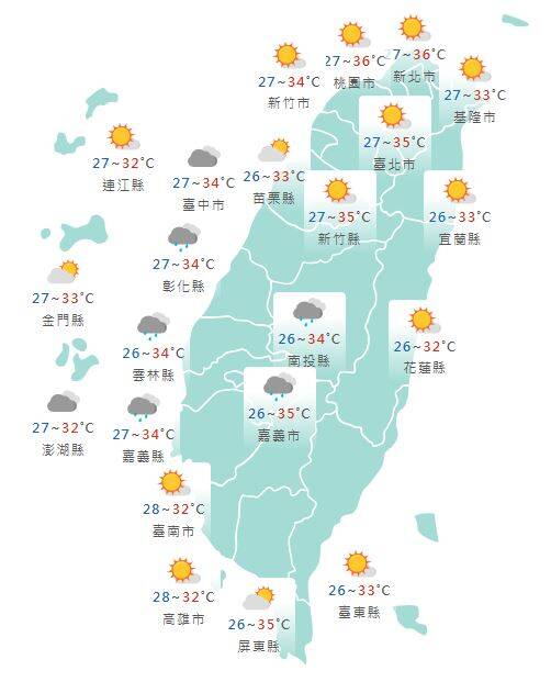 氣象署公布各地天氣預報概況。&nbsp;&nbsp;&nbsp;圖：氣象署提供