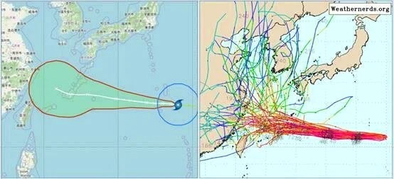 氣象署路徑潛勢預測圖（左圖）顯示，中颱白海豚未來4天偏西進行，通過琉球附近，第5天進入東海南部，漸轉西北西、移速減慢，不確定性（紅框）增大。歐洲模式系集模擬（右圖）顯示，4天之後的各別模擬路徑，因其北方高壓減弱的速度不同，呈現如天女散花一般的分散度。&nbsp;&nbsp;&nbsp;圖：取自「洩天機教室」專欄