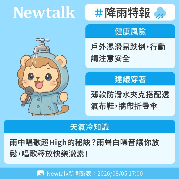 雨中唱歌超High的秘訣？雨聲白噪音讓你放鬆，唱歌釋放快樂激素！ 圖：Newtalk製表&nbsp;&nbsp;&nbsp;