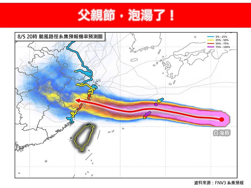 系集預報的紅色主路徑顯示，颱風未來將以西北西方向持續逼近，其暴風圈邊緣可能直接掠過台灣北部海面，並朝向中國浙江沿海移動。&nbsp;&nbsp;&nbsp;圖：翻攝自「林老師氣象站」臉書粉專
