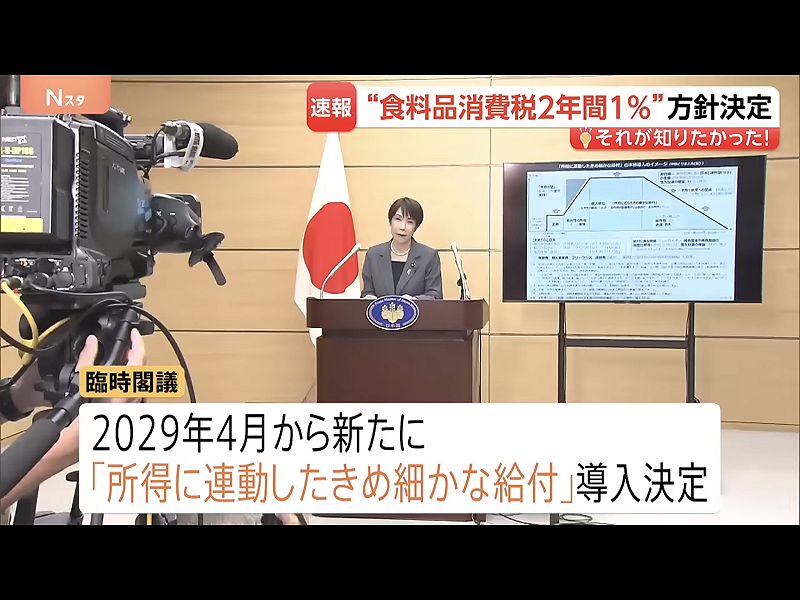  高市為了信守選舉承諾而百無一好的硬搞消費稅下調，只有二年，勞民傷財，更傷害日本國際信用。 圖：攝自TBS 