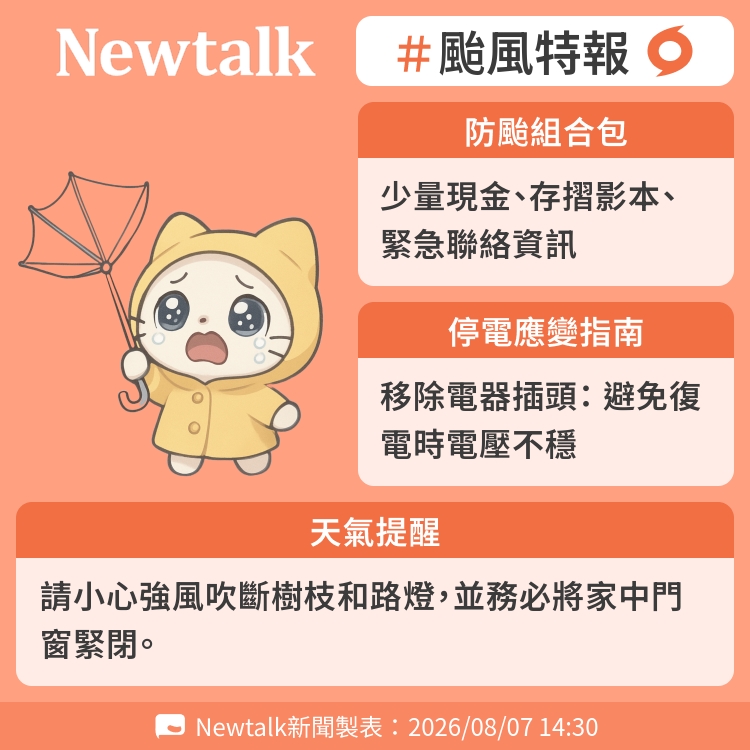 請小心強風吹斷樹枝和路燈，並務必將家中門窗緊閉。 圖：Newtalk製表&nbsp;&nbsp;&nbsp;