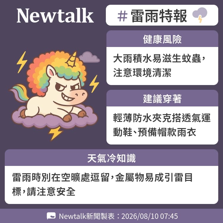 雷雨時別在空曠處逗留，金屬物易成引雷目標，請注意安全 圖：Newtalk製表&nbsp;&nbsp;&nbsp;