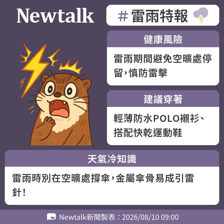 雷雨時別在空曠處撐傘，金屬傘骨易成引雷針！ 圖：Newtalk製表&nbsp;&nbsp;&nbsp;