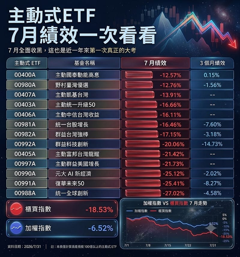 7月ETF績效一覽表&nbsp;&nbsp;&nbsp;圖: 籌碼小哥葛(資料來源) Gemini/製圖