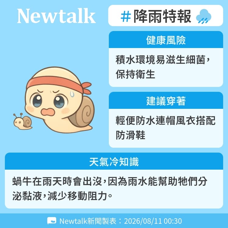 蝸牛在雨天時會出沒，因為雨水能幫助牠們分泌黏液，減少移動阻力。 圖：Newtalk製表&nbsp;&nbsp;&nbsp;