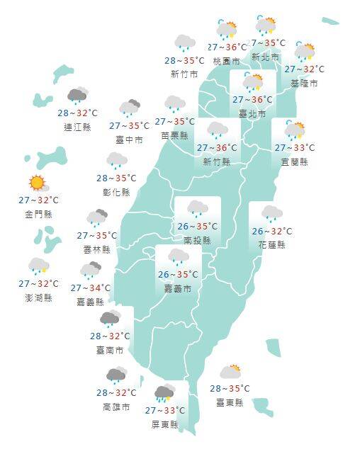 氣象署公布各地天氣預報概況。&nbsp;&nbsp;&nbsp;圖：氣象署提供
