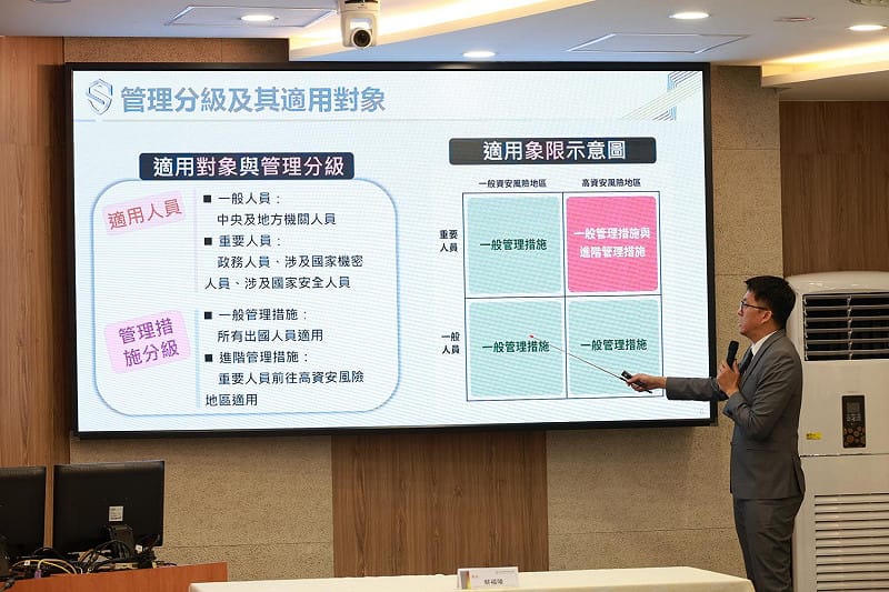 資安署法規及國合組邱組長俊惟說明公務人員出國資通訊設備管理須知之重點內容。&nbsp;&nbsp;&nbsp;圖：資安署提供