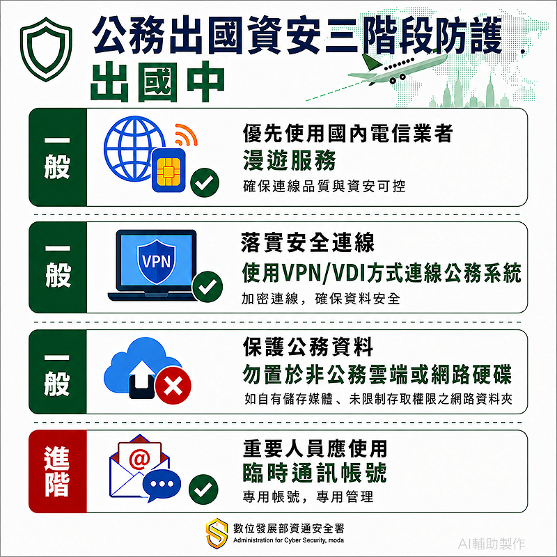 公務出國資安三階段防護（出國中）。&nbsp;&nbsp;&nbsp;圖：資安署提供