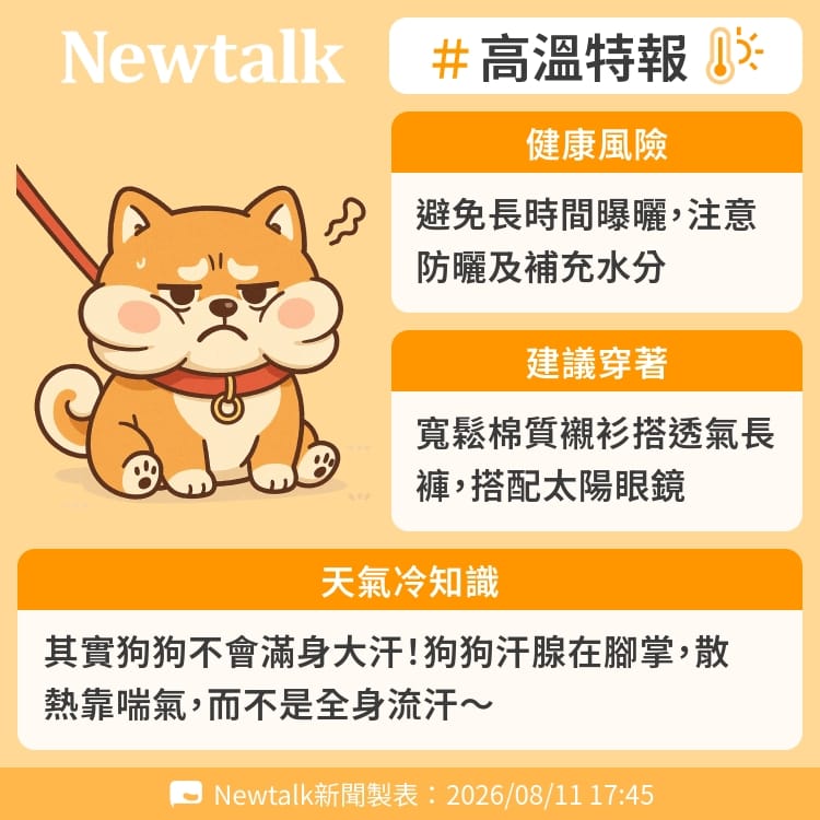 其實狗狗不會滿身大汗！狗狗汗腺在腳掌，散熱靠喘氣，而不是全身流汗～ 圖：Newtalk製表&nbsp;&nbsp;&nbsp;