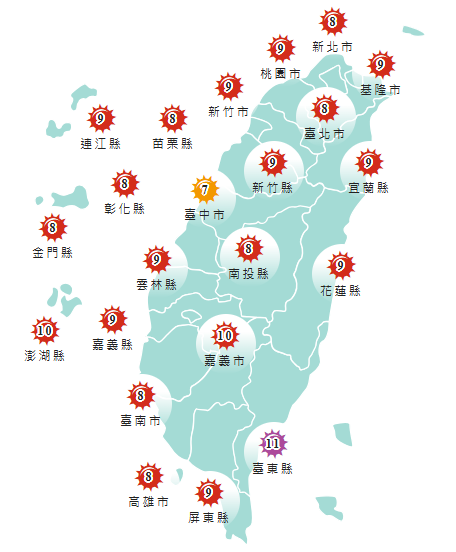 氣象署發布各地紫外線指數預報概況。&nbsp;&nbsp;&nbsp;圖：氣象署提供