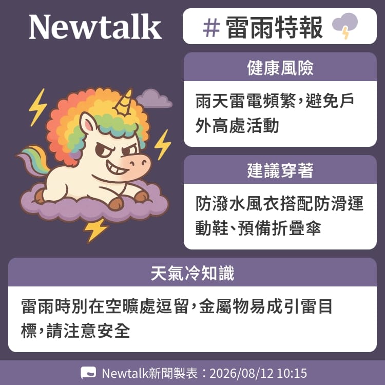 雷雨時別在空曠處逗留，金屬物易成引雷目標，請注意安全 圖：Newtalk製表&nbsp;&nbsp;&nbsp;