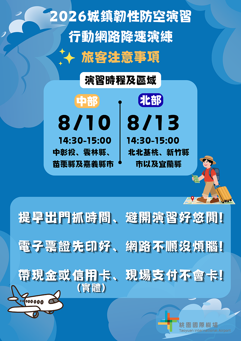 2026城鎮韌性演習將於7日、10日至13日分5個梯次於各地區陸續舉行。&nbsp;&nbsp;&nbsp;圖：桃園機場公司／提供