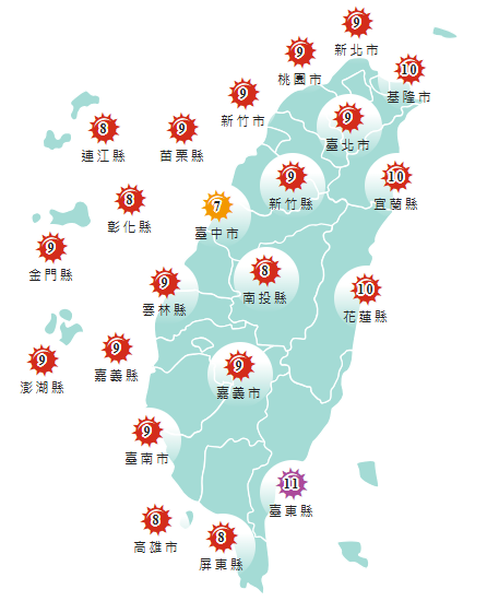 氣象署發布各地紫外線指數預報概況。&nbsp;&nbsp;&nbsp;圖：氣象署提供