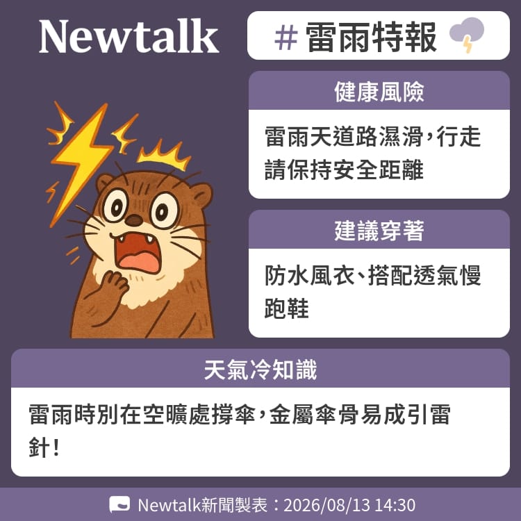 雷雨時別在空曠處撐傘，金屬傘骨易成引雷針！ 圖：Newtalk製表&nbsp;&nbsp;&nbsp;