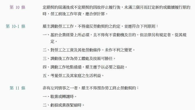 勞基法10-1條的法規。&nbsp;&nbsp;&nbsp;圖：陸委會提供