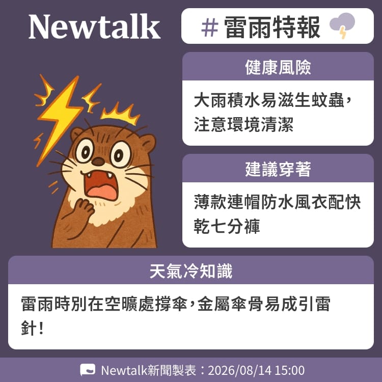 雷雨時別在空曠處撐傘，金屬傘骨易成引雷針！ 圖：Newtalk製表&nbsp;&nbsp;&nbsp;