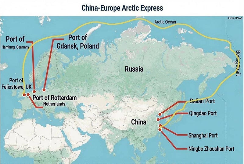 北方海路航線預計將途經北極沿岸，航程僅需約 20 天。 圖:翻攝自 X @warintelfeed 