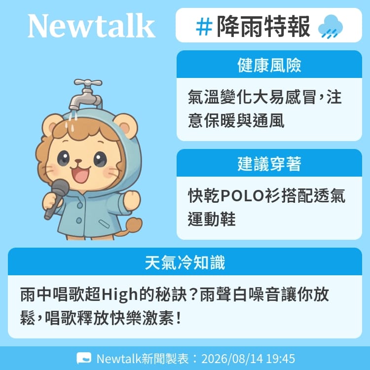 雨中唱歌超High的秘訣？雨聲白噪音讓你放鬆，唱歌釋放快樂激素！ 圖：Newtalk製表&nbsp;&nbsp;&nbsp;