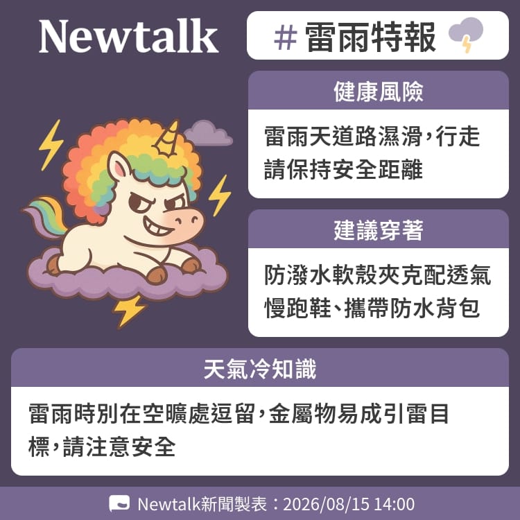 雷雨時別在空曠處逗留，金屬物易成引雷目標，請注意安全 圖：Newtalk製表&nbsp;&nbsp;&nbsp;