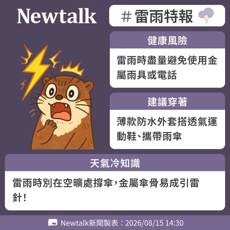 雷雨時別在空曠處撐傘，金屬傘骨易成引雷針！ 圖：Newtalk製表&nbsp;&nbsp;&nbsp;
